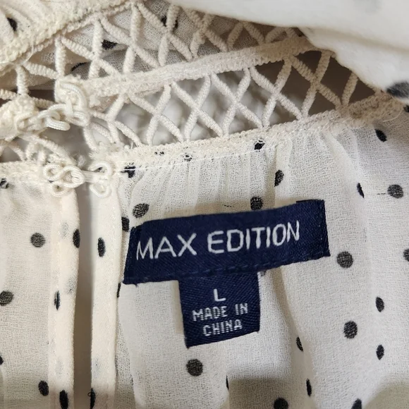 Women's Cream & Black Speck Print Peasant High Neck Sheer Blouse Large - Picture 12 of 16